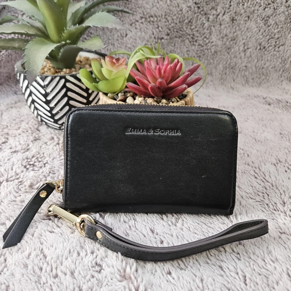Emma & Sophia Black Zip-Around Wristlet Wallet | Gold Hardware